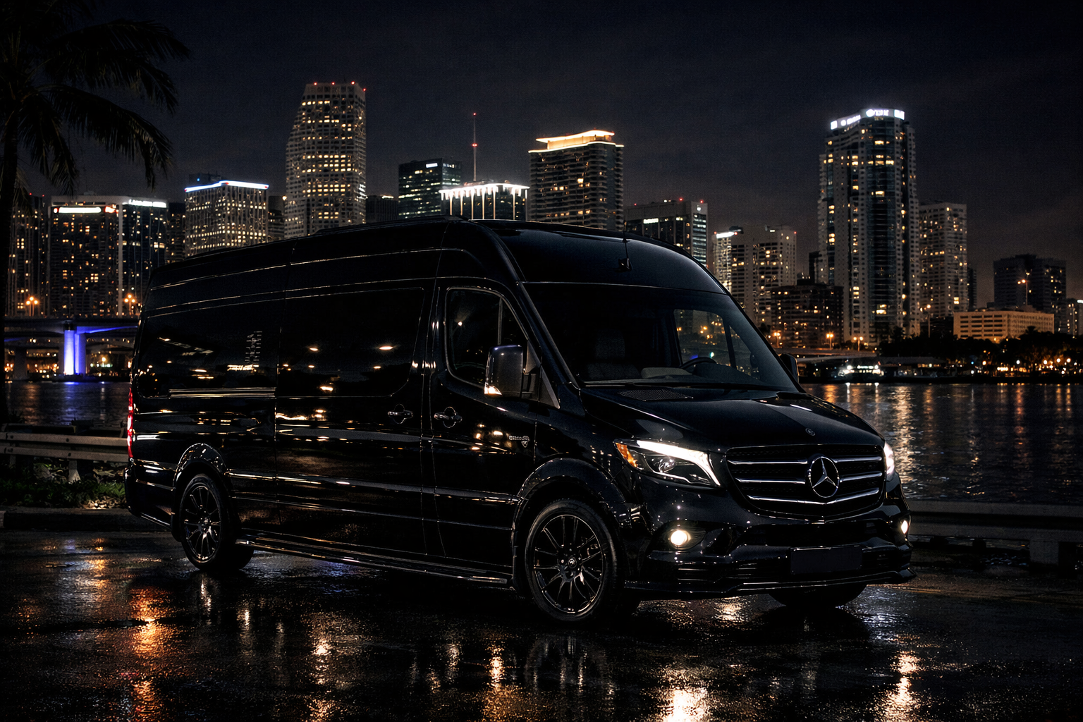 Luxury Sprinter van in a cinematic night city scene
